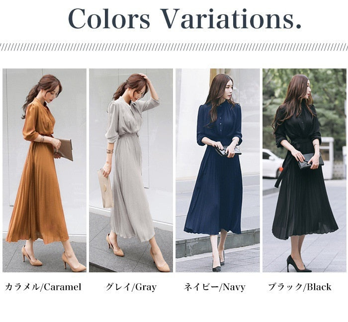 vmtvr Elegant Chiffon Long Sleeve Shirt Dress Women Belt Lace Up A-line Pleated Maxi Dress Korean Fashion Fall Clothes Streetwear