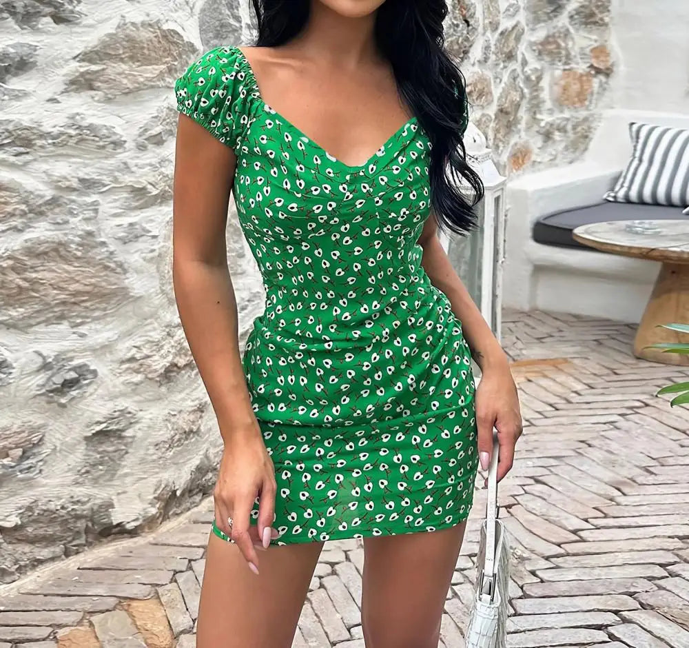 Woman Summer Elegant Slim Fit Short V-Neck Floral Mini Dress Fashion Lady Sexy Robes New Style Versatile Casual Printed Dress