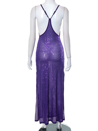 Luxury Sequins Backless Purple Summer Dress Women 2023 Sexy Sleeveless Two Sides Slit See-through Evening Party Formal Dresses