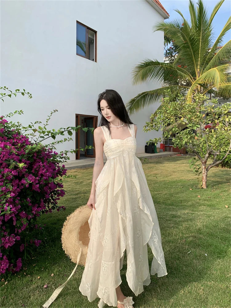 vmtvr  -  Beach Holiday Elegant Party Long Dresses for Women Summer New Korean Fashion Sundress Embroidery Sleeveless Female Clothing