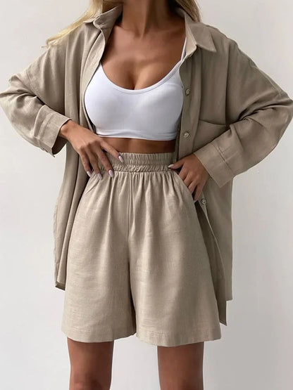 vmtvr Summer Women's Suit Solid Cotton Casual Shorts and Shirts 2 Piece Sets Womens Outfits Linen Fashion Blouse Women's Suit 2024