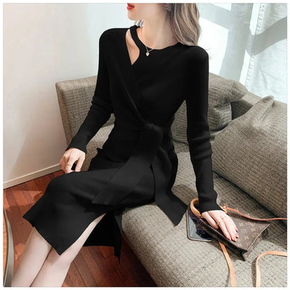 vmtvr Vintage Solid Knitted Dress Women Autumn Winter Elegant Lady Bandage Slim Sexy Midi Dress French Sweater One-piece Dress