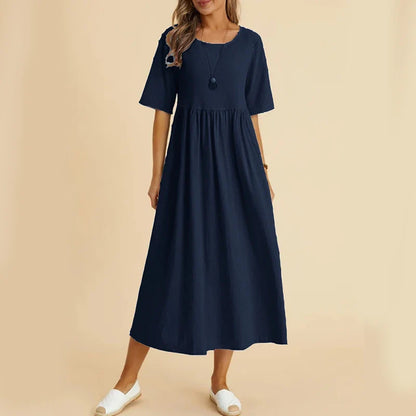 vmtvr Summer Women Dress American Style Casual Fashion Cotton Linen Midi Dresses Female High Waist Loose Short Sleeve Dress New