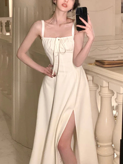 French Elegant Strap Midi Dress Office Lady Casual Even Party Dress Women Beach Sleeveless One Piece Dress Korean Summer