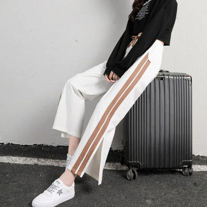 vmtvr Women Fashion Striped Pants Korean Casual Streetwear Loose Ankle Length Pants Summer All Match Female Slits Sweatpants