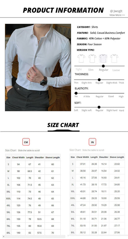 jiaabc New Fashion Cotton Long Sleeve Shirt Solid Regular Fit Male Social Casual Business White Black Dress Shirts 5XL 6XL 7XL 8XL