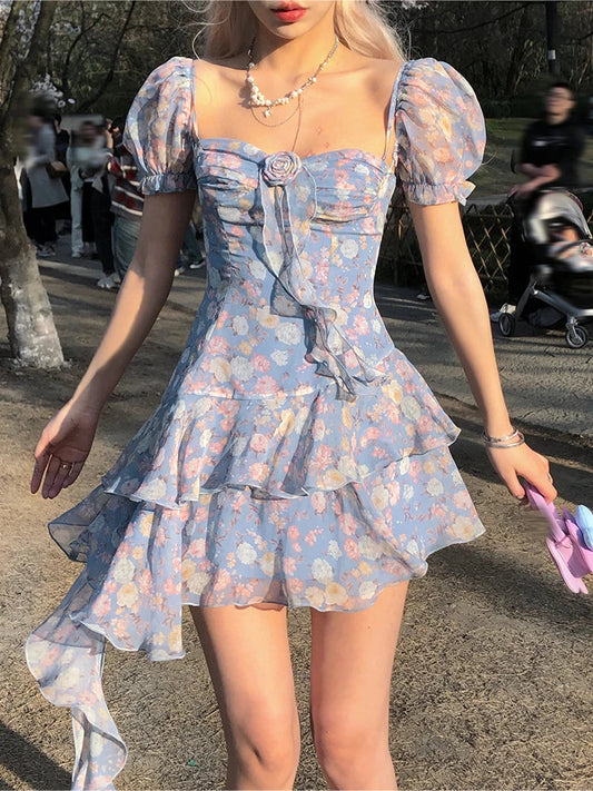 vmtvr Summer Floral Y2k Mini Dress Holiday Beach Irregular Chiffon Dress Casual Korean Fashion Short Party Dress Elegant Clothing