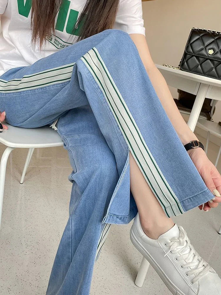 vmtvr Harajuku Striped Slit Wide Leg Denim Pants Women Summer Thin High Waist Baggy Jeans Fashion Lace Up Female Casual Trousers