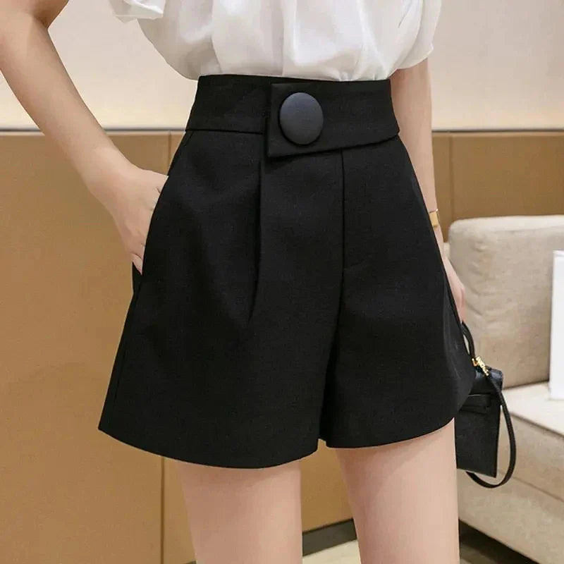 vmtvr High Waist Women Suit Shorts Summer Fashion Big Button Loose Casual Shorts Female Korean Solid Black Wide Leg Pants New