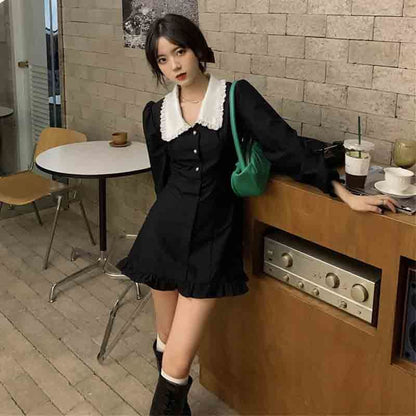 Vintage Black Mini Dress Women French Lace Peter Pan Collar Ruffle Short Dresses Bodycon Wrap Robes 2023 Fashion Autumn