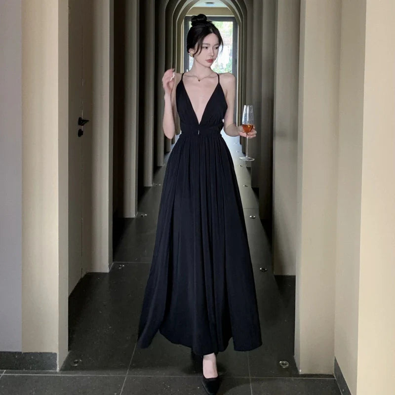 vmtvr Elegant Black Long Bodycon Dress for Women Slim Sleeveless Fashion Backless Solid Party Evening Prom Dresses New Summer