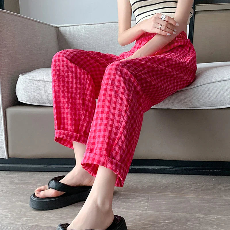 vmtvr Women Cotton Linen Plaid Pants Korean Casual Streetwear Ankle Length Pants Summer Fashion Female High Waist Y2K Trousers New