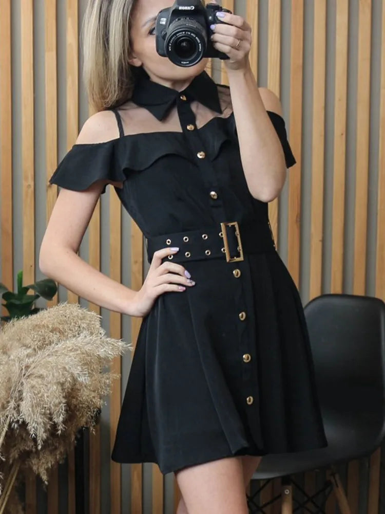 vmtvr  -  Korean OL New Single Breasted Women Summer Dress Sweet Chic Black office work Short mini Dresses With Belt Vestidos jurken