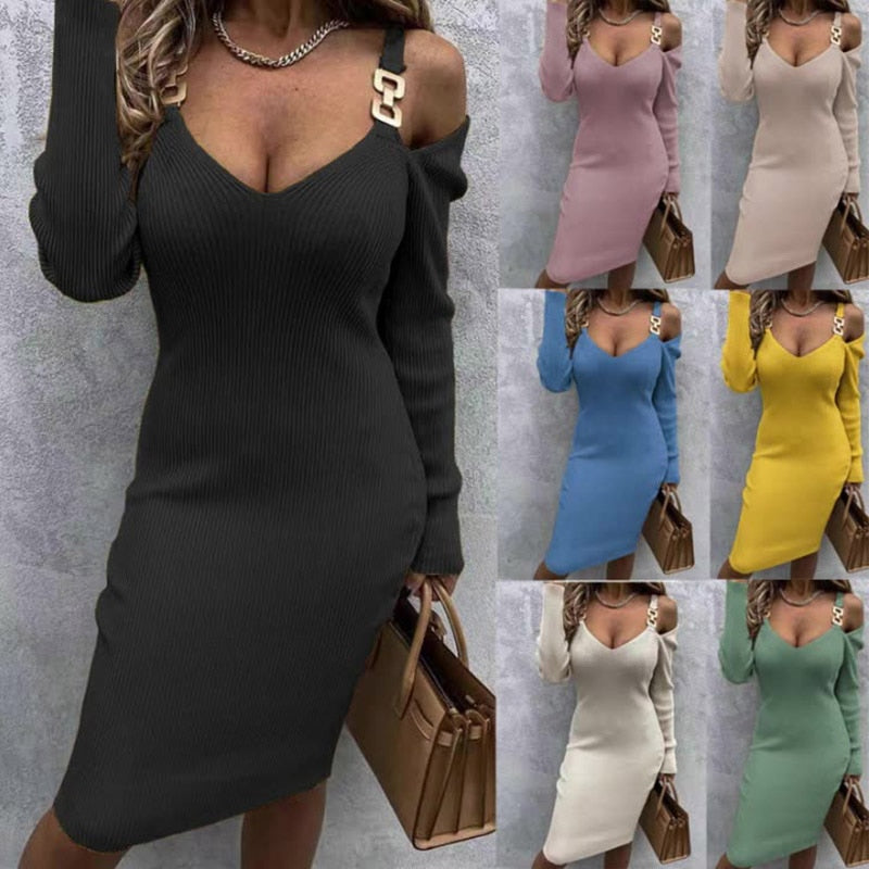 vmtvr - Autumn Winter Women&#39;s Casual Solid Color Long-sleeved Knitted Bodycon Dress V Neck Off Shoulder Sexy&amp;Club Elegant New Dress