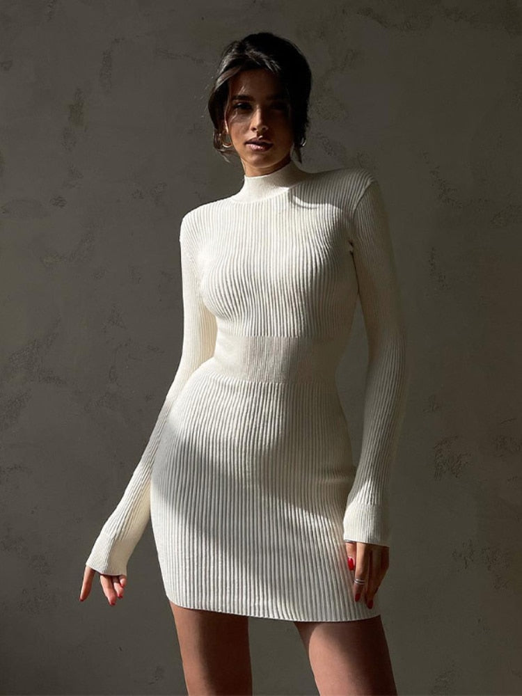 vmtvr - Fashion High-neck Bodycon White Knitted Midi Dresses Women  Autumn Winter Sexy Solid Color High Street Woolen Warm Dress