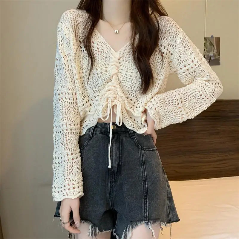 vmtvr Korean Simple Hollow Out Drawstring Knit Sweaters Women Spring Summer Solid V-Neck Lace Up Sweet and Spicy Sexy Design Short Top