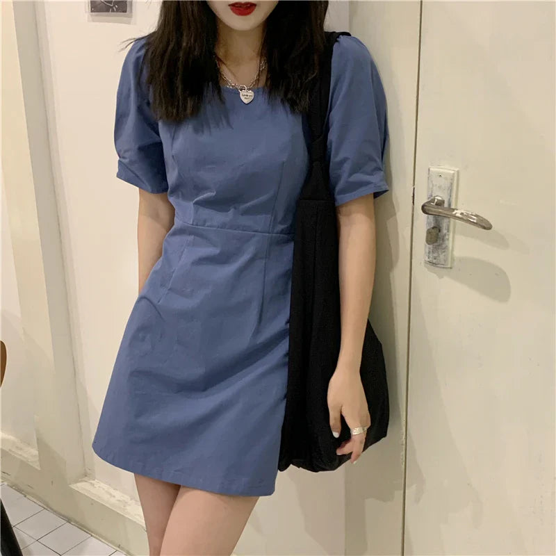 Summer Korean Fashion A-line High Waist Thin Kawaii Mini Dress Harajuku Vintage Short Puff Sleeve Backless Dress Women's Clothes