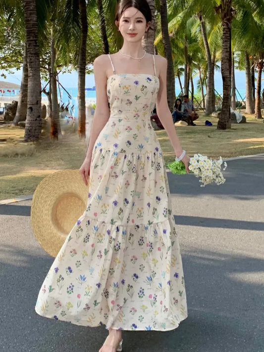 vmtvr Summer New Floral Long Dresses for Women Holiday Beach Style Printed Spaghetti Strap A-line Casual Vintage Korean Maxi Vestidos