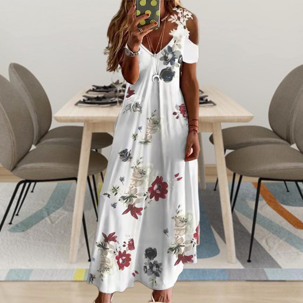 vmtvr Women Floral Print Maxi Dress Boho Lace Sling Hollow Out A Line Long Dress Ladies Casual Loose V-Neck Beach Party dress Vestidos