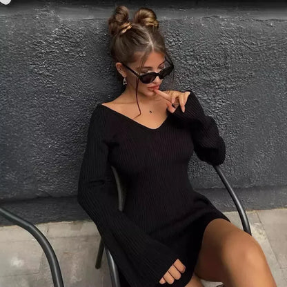 vmtvr  -  Knitted Off Shoulder V Neck Mini Dress Women's Sexy High Waist Long Sleeve Dress White Knitted Sweater Dress Robe Women