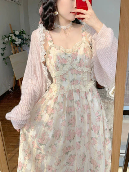 vmtvr Chiffon Lace Strap Dress Women Floral Embroidery Fairy Vintage Long Dress Female Sweet Princess Casual Party Dresses Summer