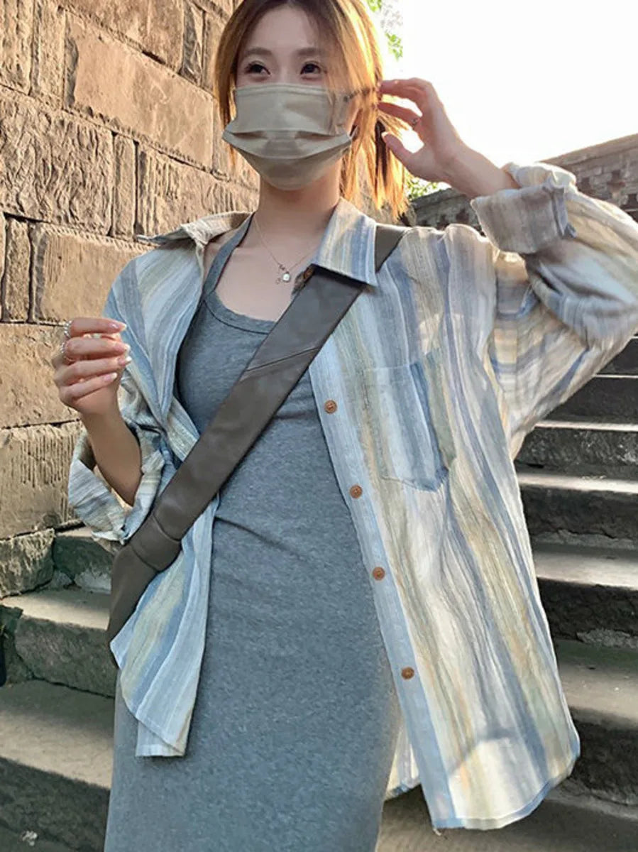 vmtvr Summer Striped Shirts Women Sun Protection Cardigan Top Vintage Ulzzang Chic Unisex Loose Fashion Streetwear Breathable Harajuku