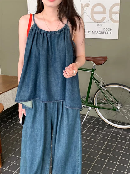 vmtvr Vacation Women Halter New Tank Tops Denim Chic Wide Leg Loose Summer Suit Sweet Casual Office Lady High Street Pants