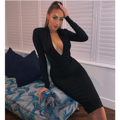 Winter Sexy V Neck Long Sleeve Women Bodycon Bandage Dress Celebrity Designer Evening Party Dress Vestido