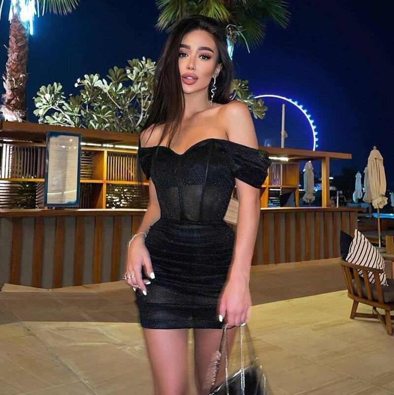 Women's Sexy Off Shoulder Tight Wrap Mini Dress Fashion Off Shoulder Pleated Hem Bodycon Dresses  Female Party Club Dress