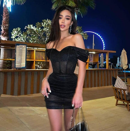 Women's Sexy Off Shoulder Tight Wrap Mini Dress Fashion Off Shoulder Pleated Hem Bodycon Dresses 2023 Female Party Club Dress