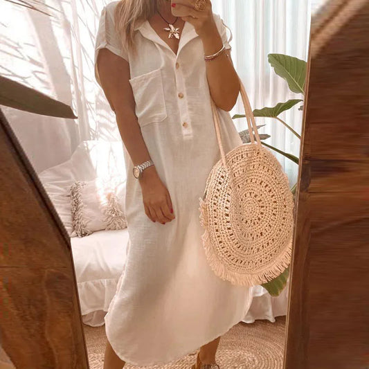 vmtvr  -  Elegant Lapel Split Thin Shirt Dress Women Fashion Button Solid Loose Party Dress Casual Short Sleeve Cotton Linen Long Dresses