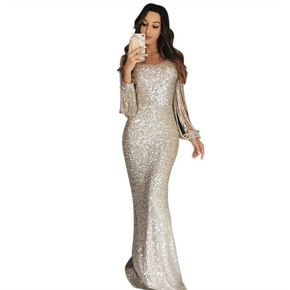 Women Elegant Mature Evening Gowns Fashion Shiny Sequins Decoration Fringed Long Sleeve Dressy Ladies Commuter Wrap Hip Dresses