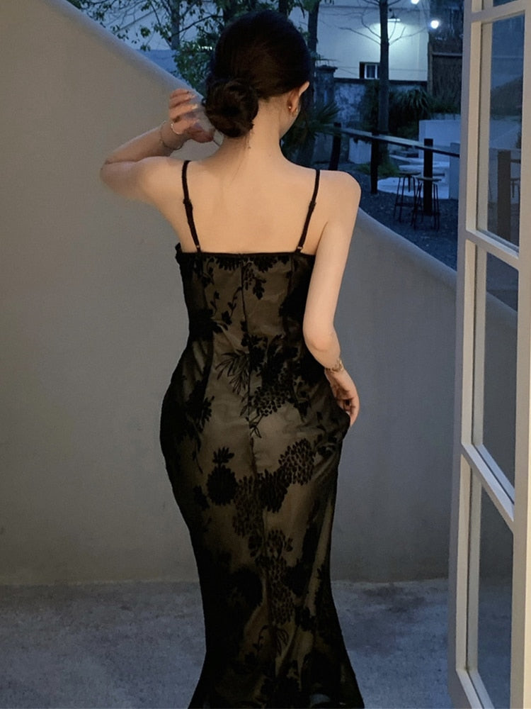 vmtvr - Lace Black Elegant Women Dress Vintage Strap Embroidery Floral Mermaid Midi Club Gown Robe Femme Ropa Sexy Mujer Verano Vestidos