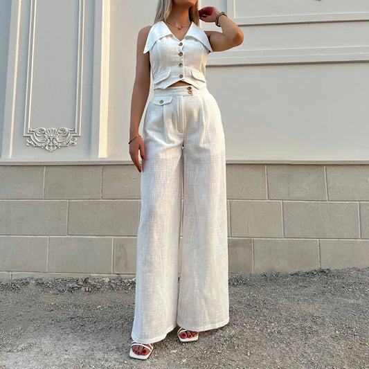 vmtvr Ladies Turn-down Collar Button Top and Wide Leg Pants Set Fashion Elegant Commuting Slim Suit New Summer Streetwear Solid Outfit