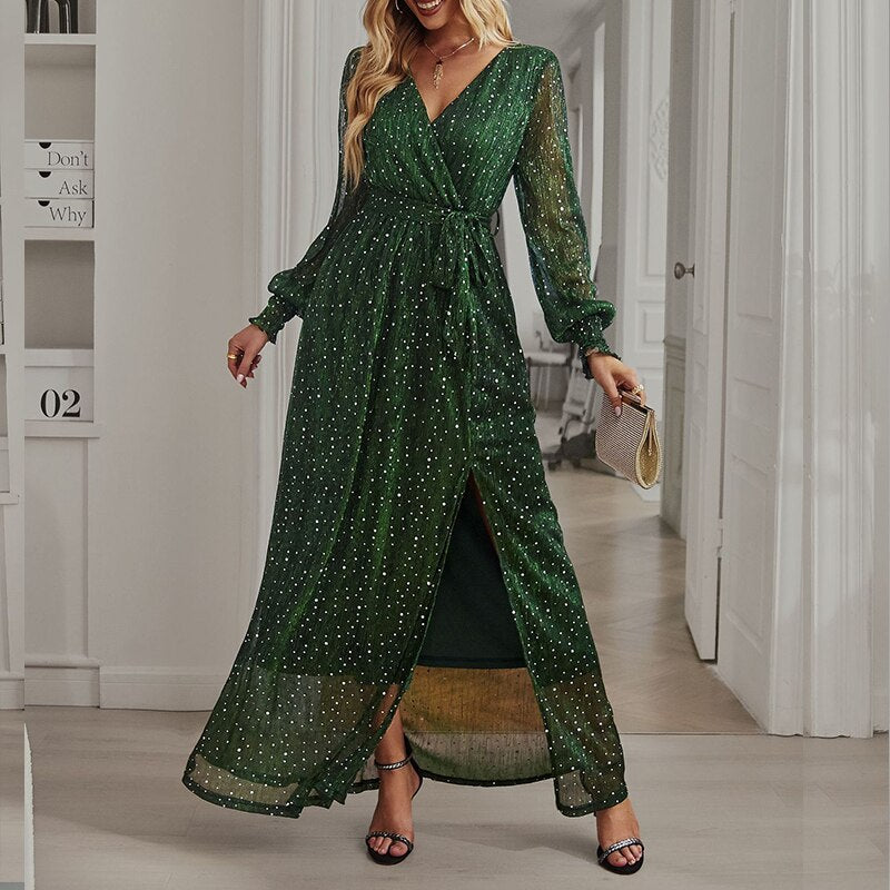 Women's Dresses for Fall Elegant Split hem Dress V-neck Full Sleeve Lace up Mesh Dotted Boho Party Skinny A-line Maxi Dresses