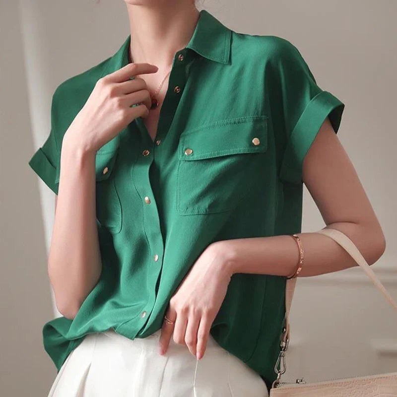 vmtvr Y2K Women Chiffon White Shirt Summer Fashion Metal Button Female Loose Tops Korean Casual Office Ladies Double Pocket Blouse