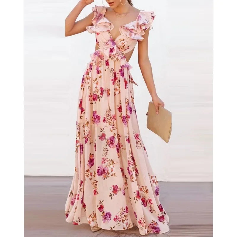 Shdowlass  -   Summer New Women's Flower Print off-the-Shoulder Stitching Backless Maxi Dress