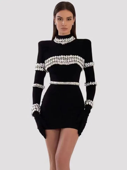 vmtvr - Brand New Women Winter Sexy Turtleneck Beading Long Sleeve Black Mini Bandage Dress  Elegant Evening Club Party Dress