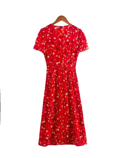 vmtvr Summer Floral Print Red Dress Women Holiday Beach Short Sleeve V-neck Wrap Midi Split Dresses