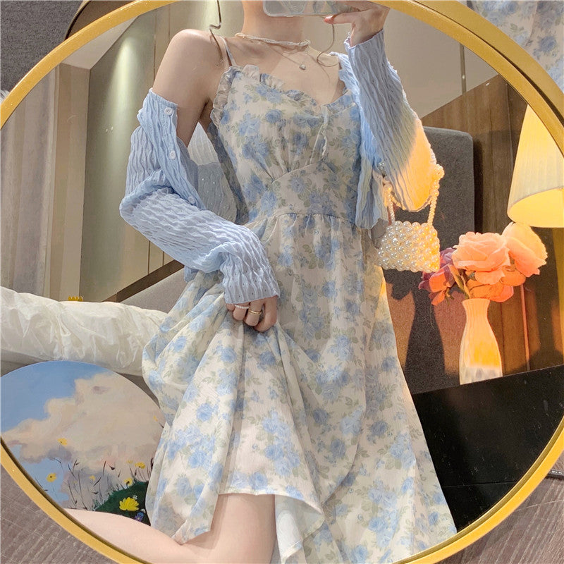 - French Floral Strap Midi Dress Women Vintage Elegant 2 Piece Dress Set Fashion Suits Casual Blouse Korean Clothing  Summer