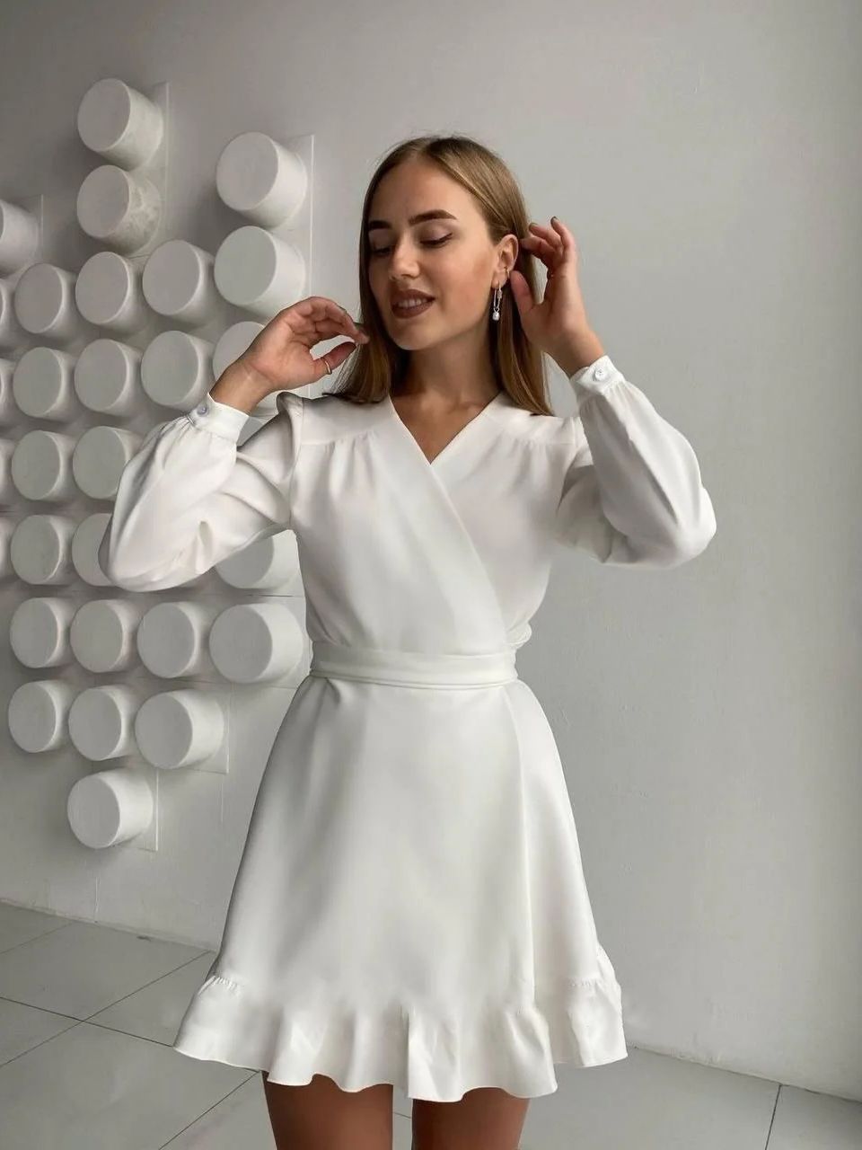 Sweet Ruffles A Line Robe Dress Party Bandage Long Sleeve High Waist Slim Fashion Mini White Dress Summer New Arrivals