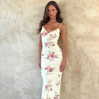 vmtvr Sleeveless Floral Print Suspender Dress Women Fashion V-neck Slim Maxi Dresses  Summer Chic Female Beach Party Club Robe