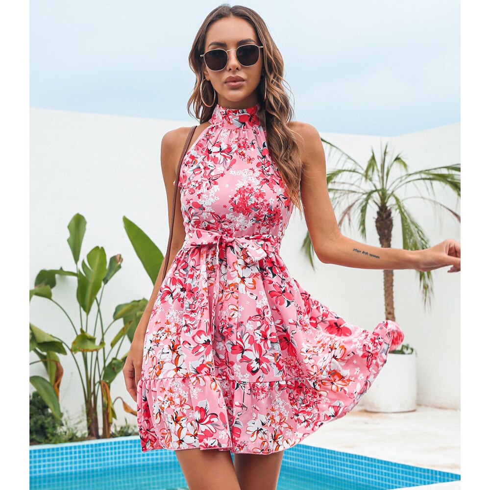 Pink Floral Print Ruffled Bohemia Dress for Women Halter Neck Sleeveless Slim Lace Up Beach Dress Summer Sexy Cutout Mini Dress