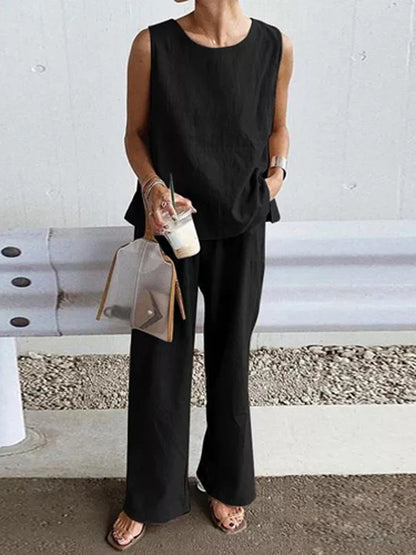 vmtvr Solid Cotton Linen Outfits Women Casual O Neck Sleeveless Pullover Blouse and Straight Pants Suits Summer Casual Loose 2Pc Sets