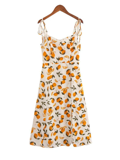 vmtvr Women Strappy Camisole Lemon Print Dress Summer Split Backless Midi Dresses