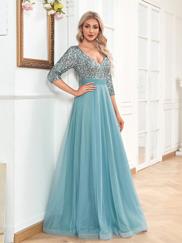 Sexy V-neck Chiffon Evening Dress Long Formal Prom Party Gown Full Sequins Long Sleeve Galadress Vestidos Women Dress