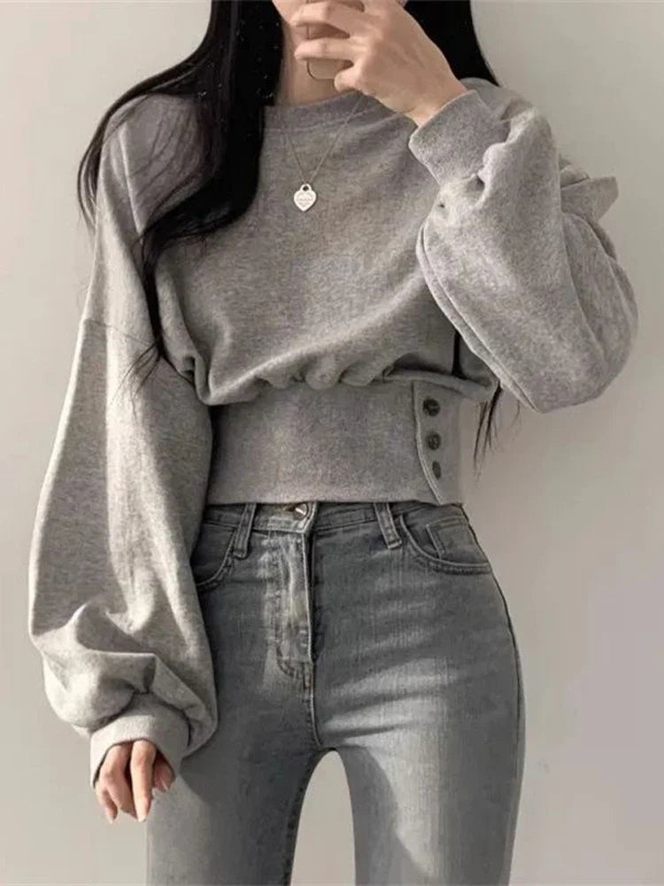 -Fall Outfits y2k Long Sleeve Top -Autumn Sweatshirt Women Harajuku Crop Long Sleeve Top Female Korean Chic Sporty Hoodies Ladies Vintage Casual Button Sweatshirts Streetwear