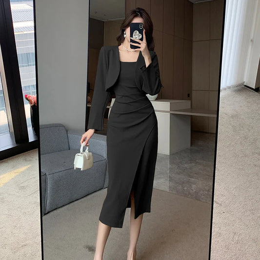 vmtvr New Vintage Solid Elegant Midi Dresses for Women with Long Sleeved Cardigan Autumn Fashion Party Birthday Dress Korean Style