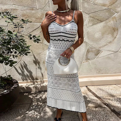 vmtvr  -  Women Elegant Deep V-neck Long Dress Summer Sexy Sleeveless Waist Knitted Dress Fashion Hollow Out Spaghetti Strap Dresses