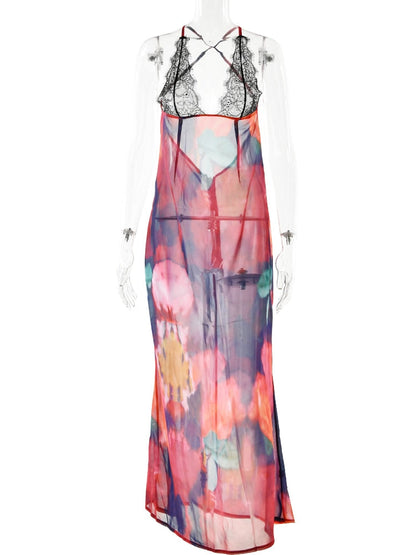 vmtvr - Elegant Tie Dye Floral Chiffon Dress Summer Sexy Women Backless Lace Bodycon See Through  Beach Party Vestidos